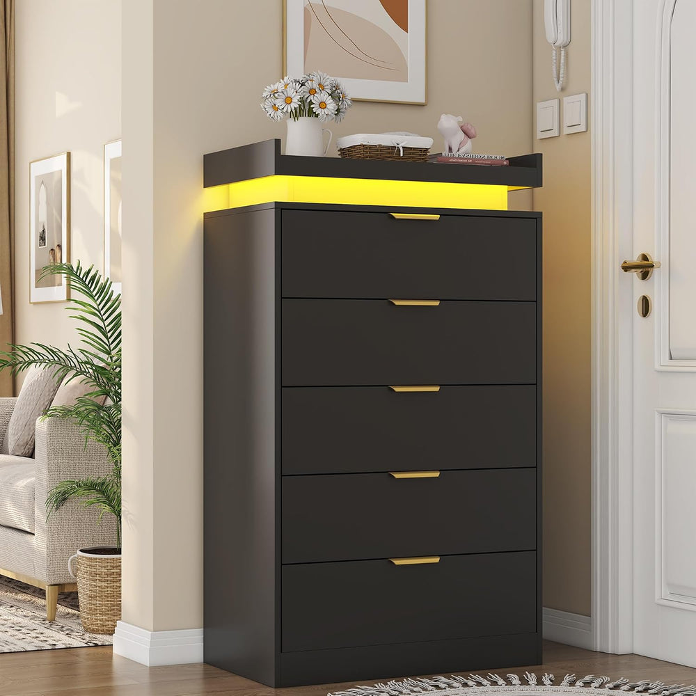 UNIQUITE Tall Dresser for Bedroom, Black Dresser with LED Lights, Wood 5 Draw...