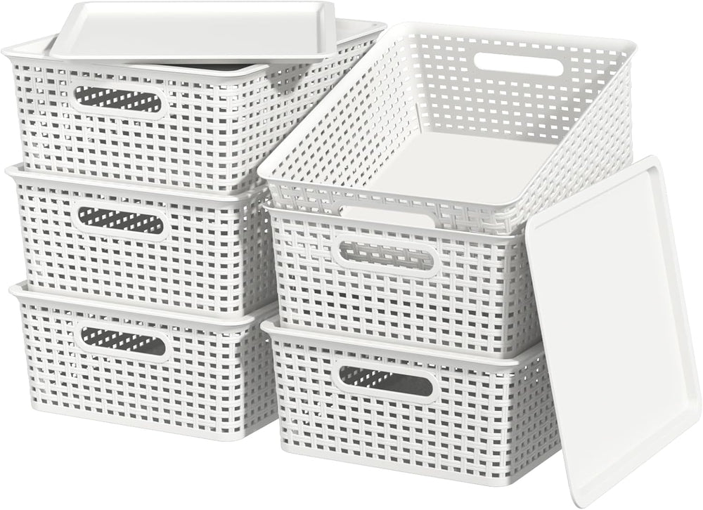 Plastic Storage Baskets with Lid, 6-Pack Organizer Bins, White