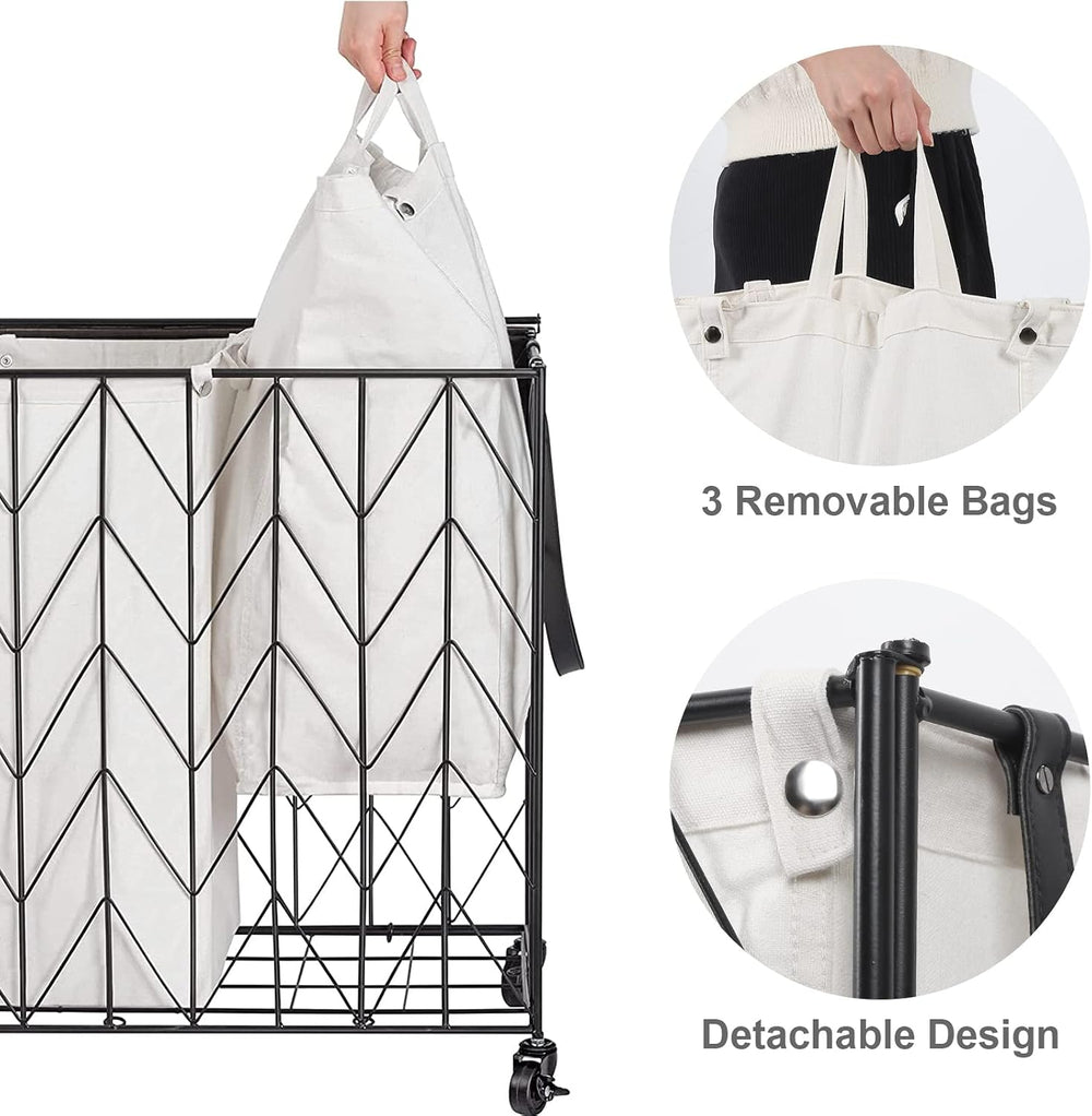 WOWLIVE Laundry Hamper 3 Section with Lid, 142L Laundry Basket with Wheels