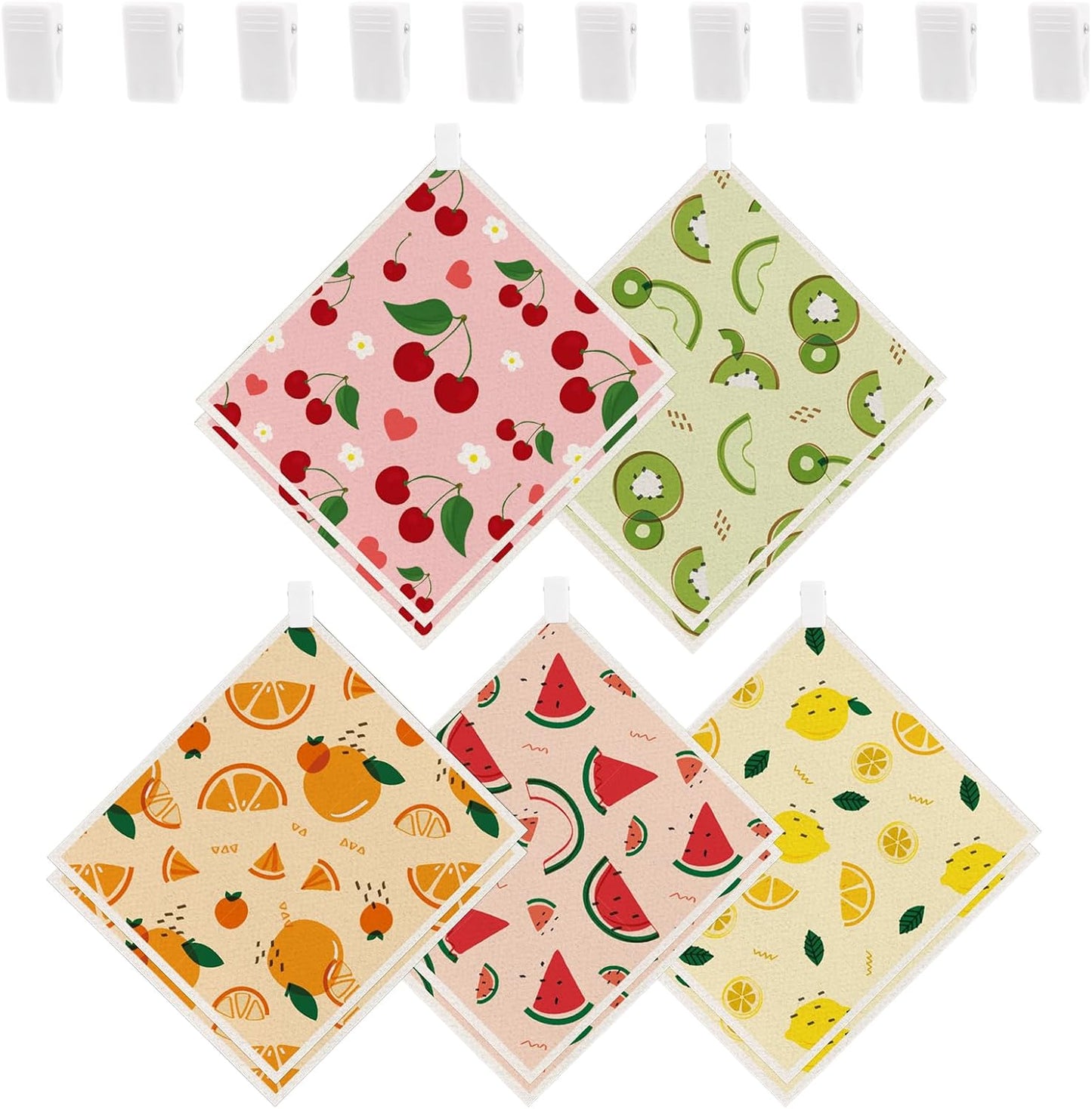 wlich 10 Pack Swedish Dishcloths, Reusable Kitchen Towels with Clips, Fruit | Non-Scratch Kitchen Towels and Dishcloths Sets, Washable Swedish Dish Cloths with Clips, for Dishes, Counters, Glass, Sink