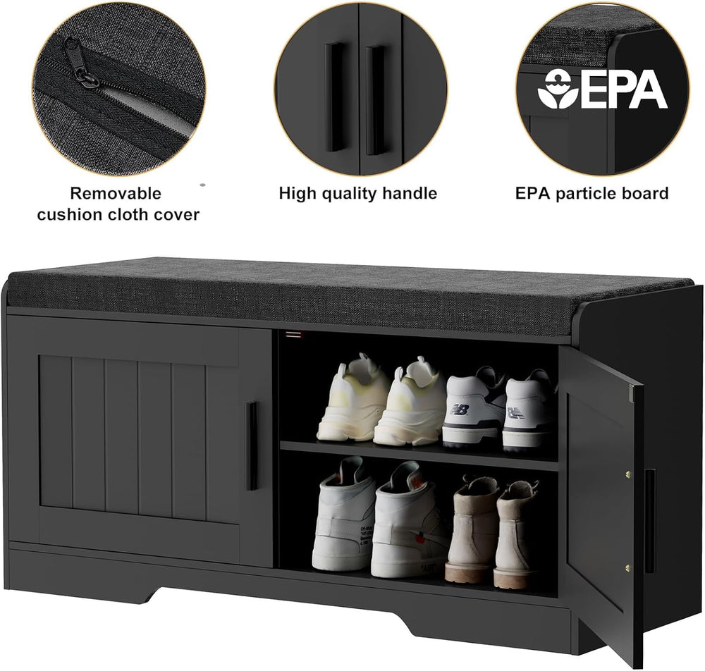 Homleke Shoe Storage Bench, 2 Doors & Thickened Padded Seat Cushion