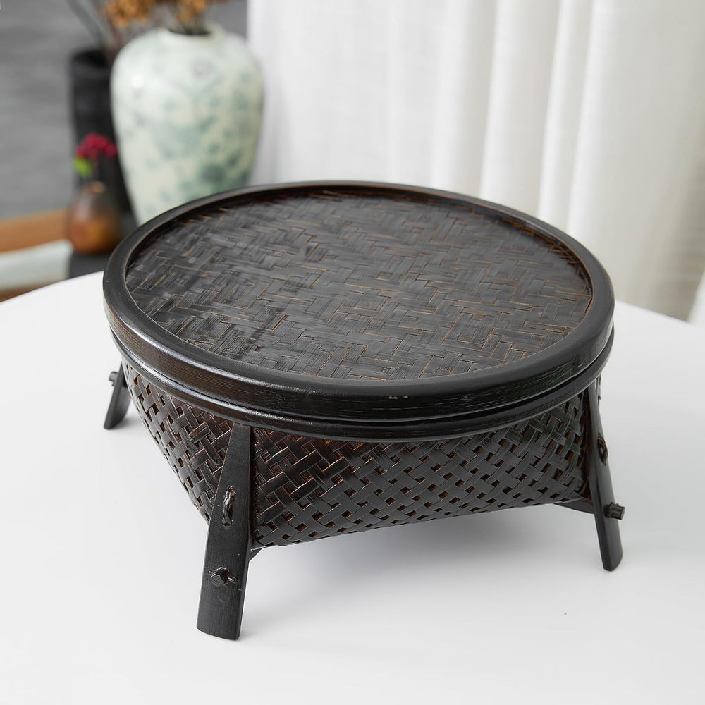 Handcrafted Natural Bamboo Woven Storage Basket with Lid, Vintage Round Dry T...