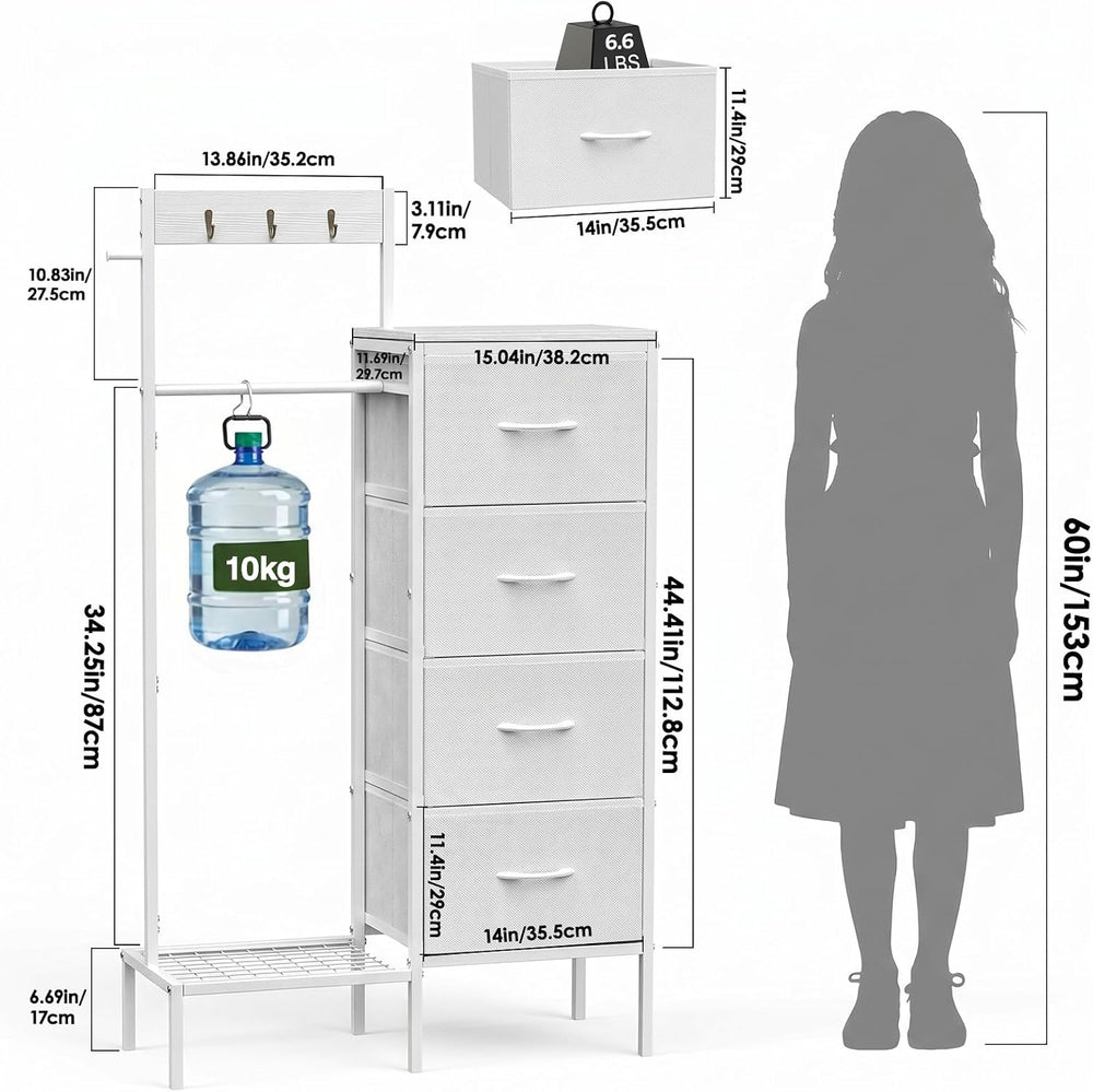 Lewondr Dresser with Hanging Rack and Storage Drawers, White