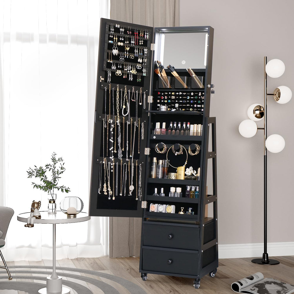 Standing Jewelry Armoire Cabinet Lockable Full Length Mirror with Drawer