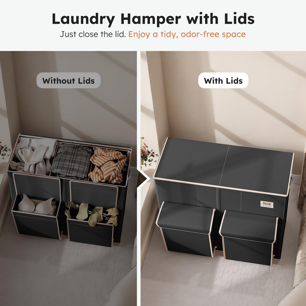 SOLEDI 220L Laundry Hamper 3 Section with Lid and 2 Side Pockets
