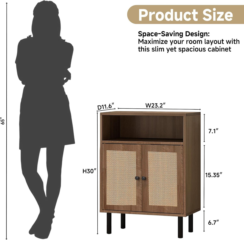Rattan Storage Cabinet, Boho Accent Cabinet with Double Doors