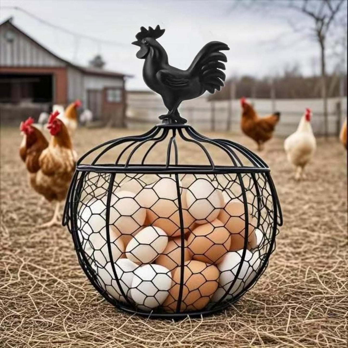 Wire Egg Basket for Gathering Fresh Eggs with Handle | Metal Egg Holder Countertop | Farm Fresh Egg Collecting Basket and Storage Holder | Suitable for Kitchen, Countertop and Farm (About 36 Eggs)