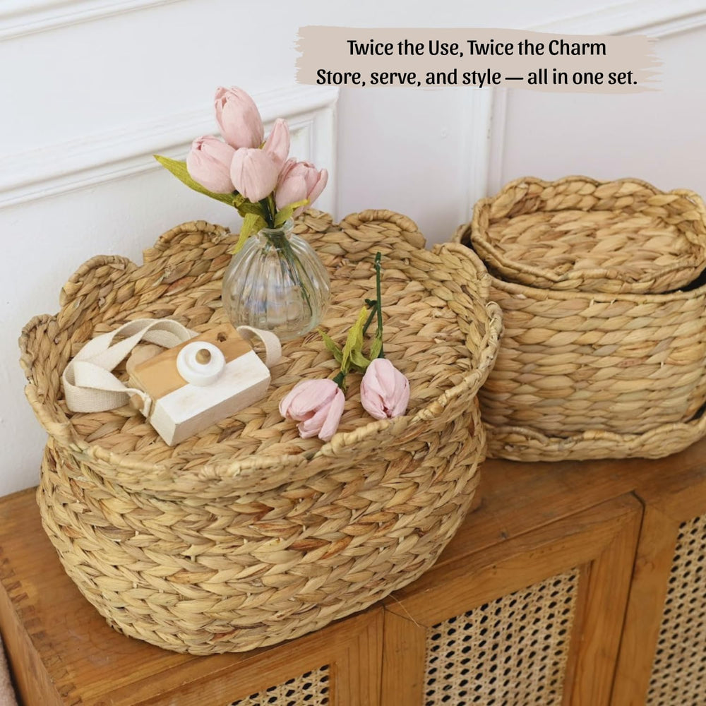 Scalloped Basket Set of 3 with Lids, Bread Basket, Natural