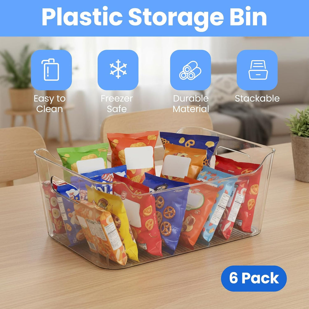 6 Set Storage Bins, Clear Plastic Organizers, with Handles