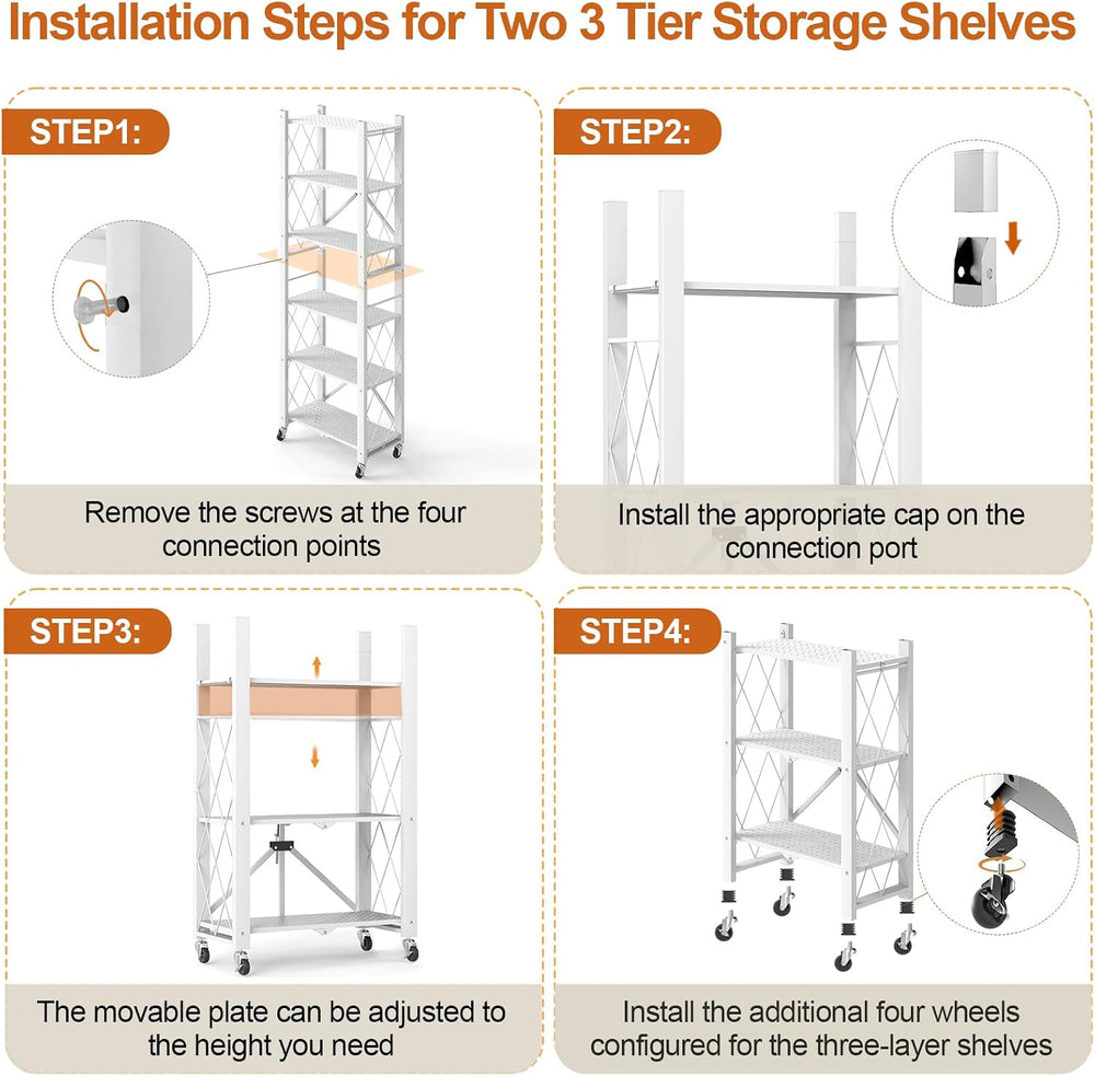 6-Tier Foldable Storage Shelves with Wheels, Folding Metal Shelf Unit