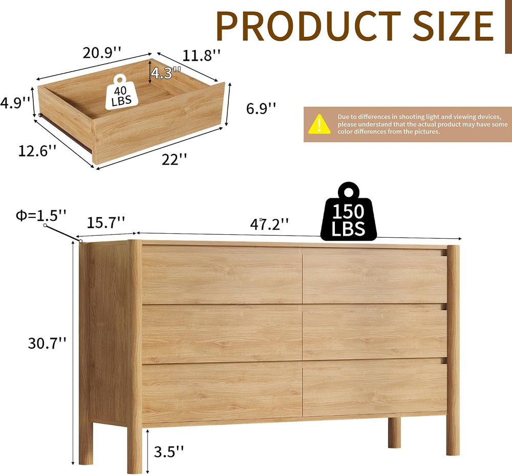 CHUWELL 47.2" Wide Oak 6 Drawer Dresser for Bedroom with Solid Wood Legs
