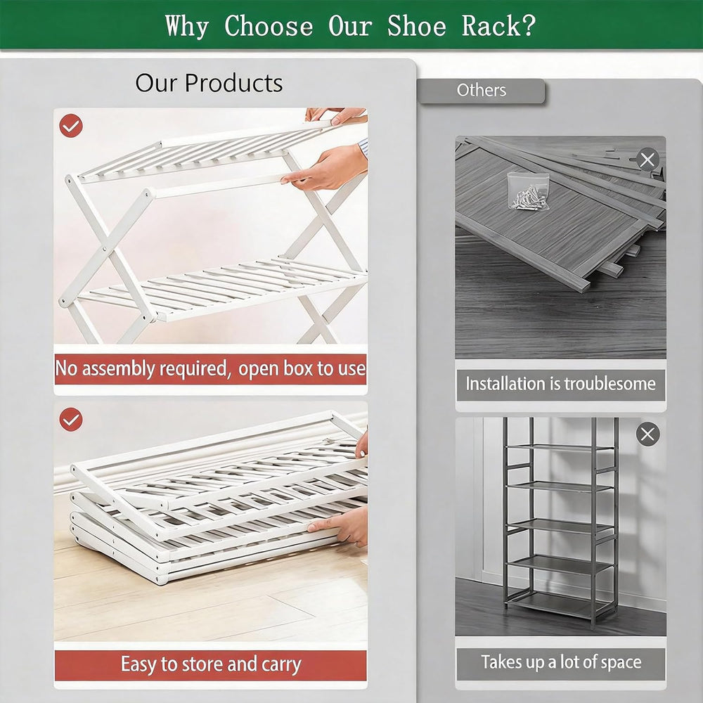 4 Tier Bamboo Shoe Rack White,Portable Folding Shoe Storage Rack,Without Inst...