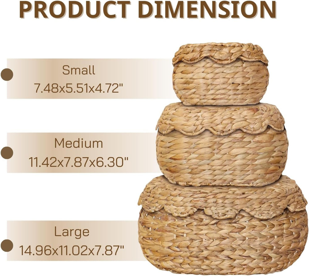 Scalloped Basket Set of 3 with Lids, Bread Basket, Natural