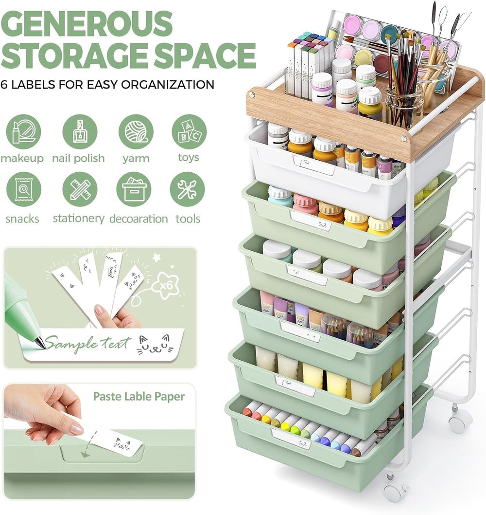 APEXCHASER Rolling Craft Storage Cart with 6 Drawers, Art Cart,Green