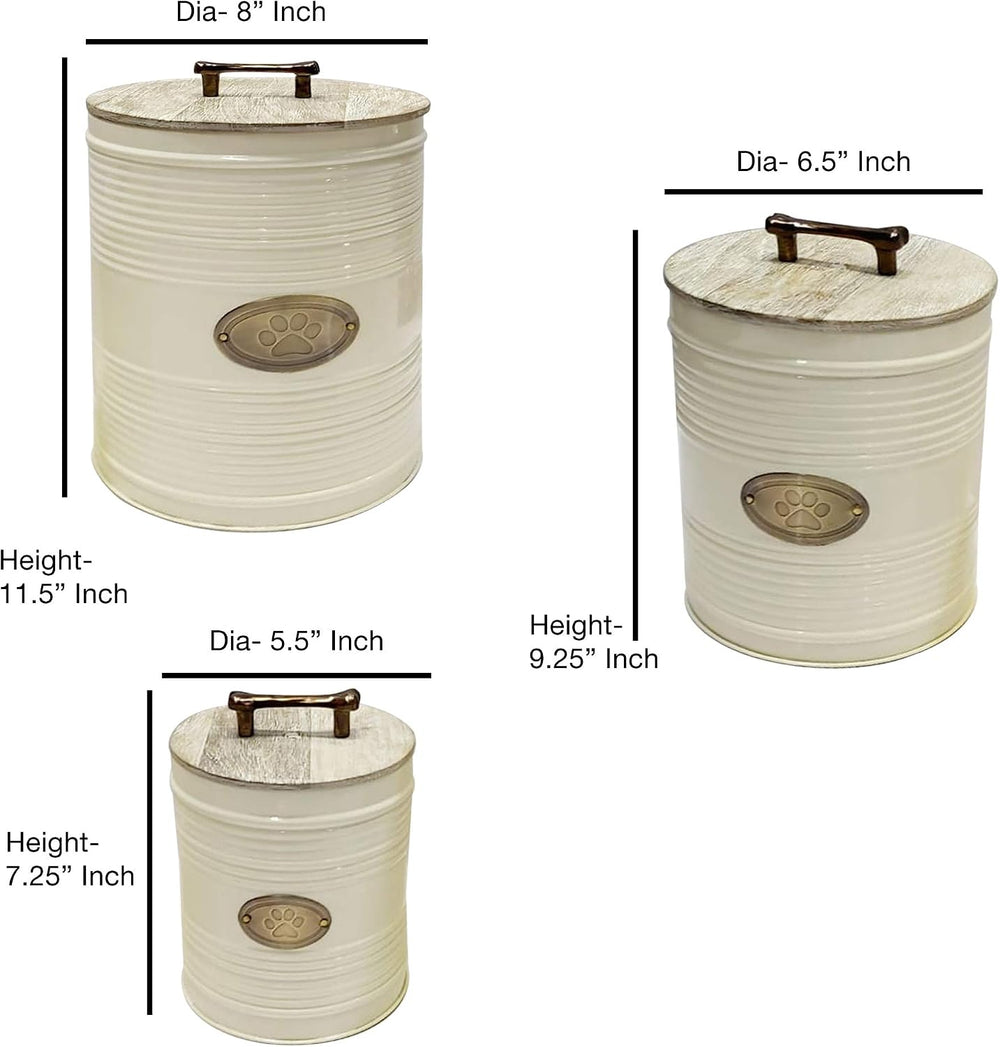 nu steel metal Ribbed Ivory 3 Pc set Jumbo Pet Canister with Golden PAW Plaqu...