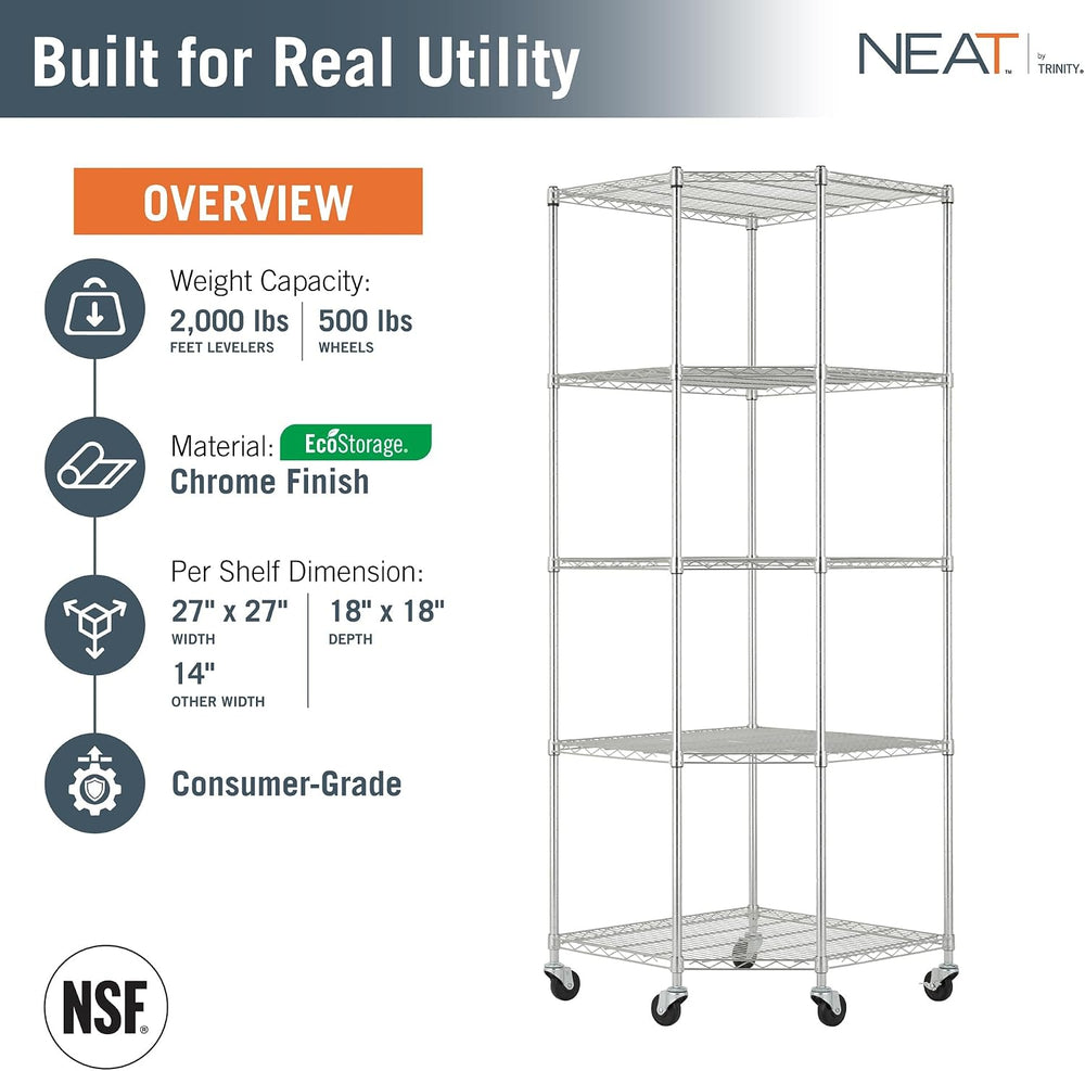 5-Tier Adjustable Wire Shelving with Wheels, Corner Wire Shelf Rack for Kitch...