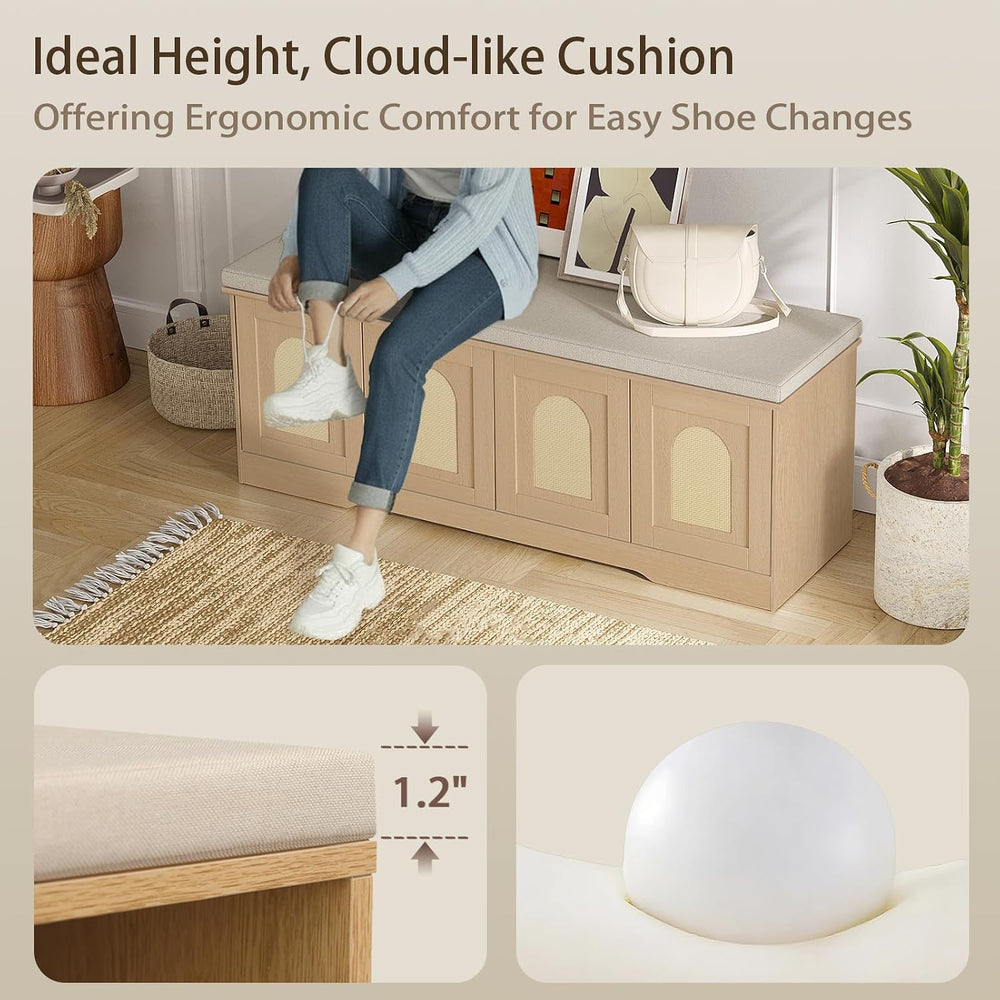 DINZI LVJ Shoe Storage Bench with Cushion, Door, Natural Oak 47.2" LX17.7 H