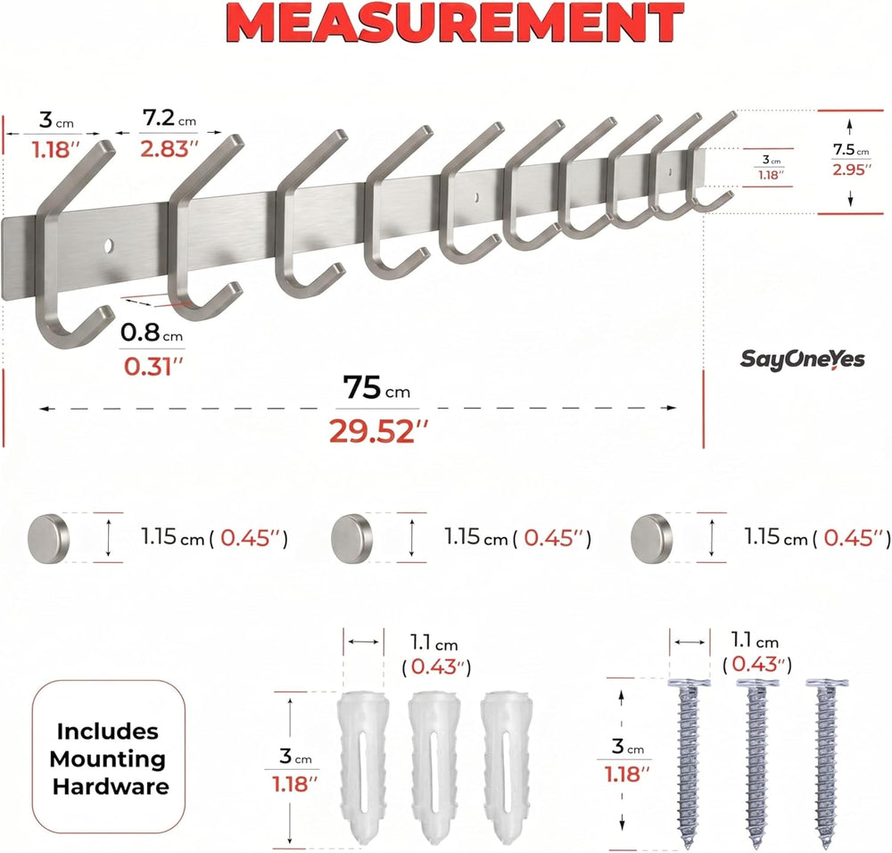 Coat Rack Wall Mount – Brushed Nickel 30 Inch Stainless Steel Hook Rail with ...