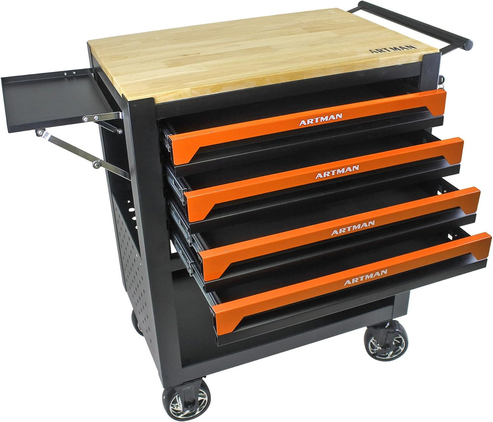 Lockable 4-Drawer Rolling Tool Chest with Wooden Top Workbench