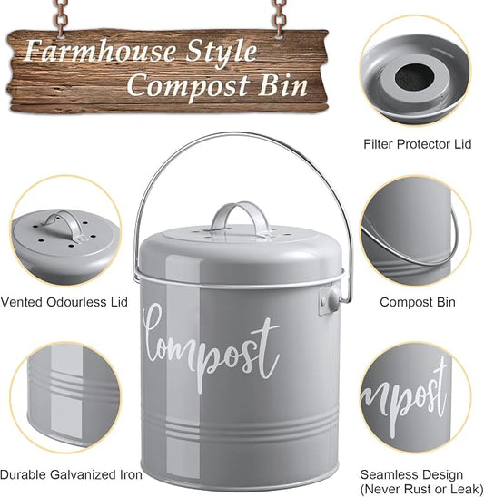 Gray Compost Bin Kitchen, 1.3 Gallon Farmhouse Kitchen Compost Bin Countertop - Image 2