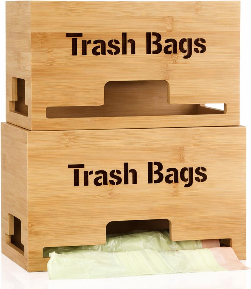Kathfly 2 Pcs Bamboo Trash Bag Holder Dispenser Stackable Garbage Bag Dispens...