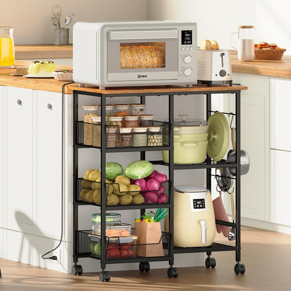 Rolling Kitchen Microwave Organizer Cart, Adjustable Shelves, Black