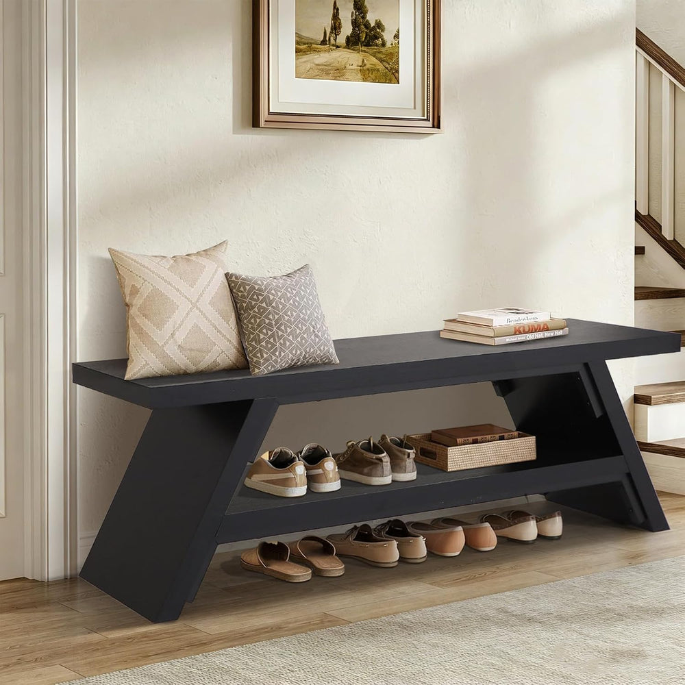 2-Tier Shoe Storage Bench, 55" Large Solid Wood Entryway Stool Storage