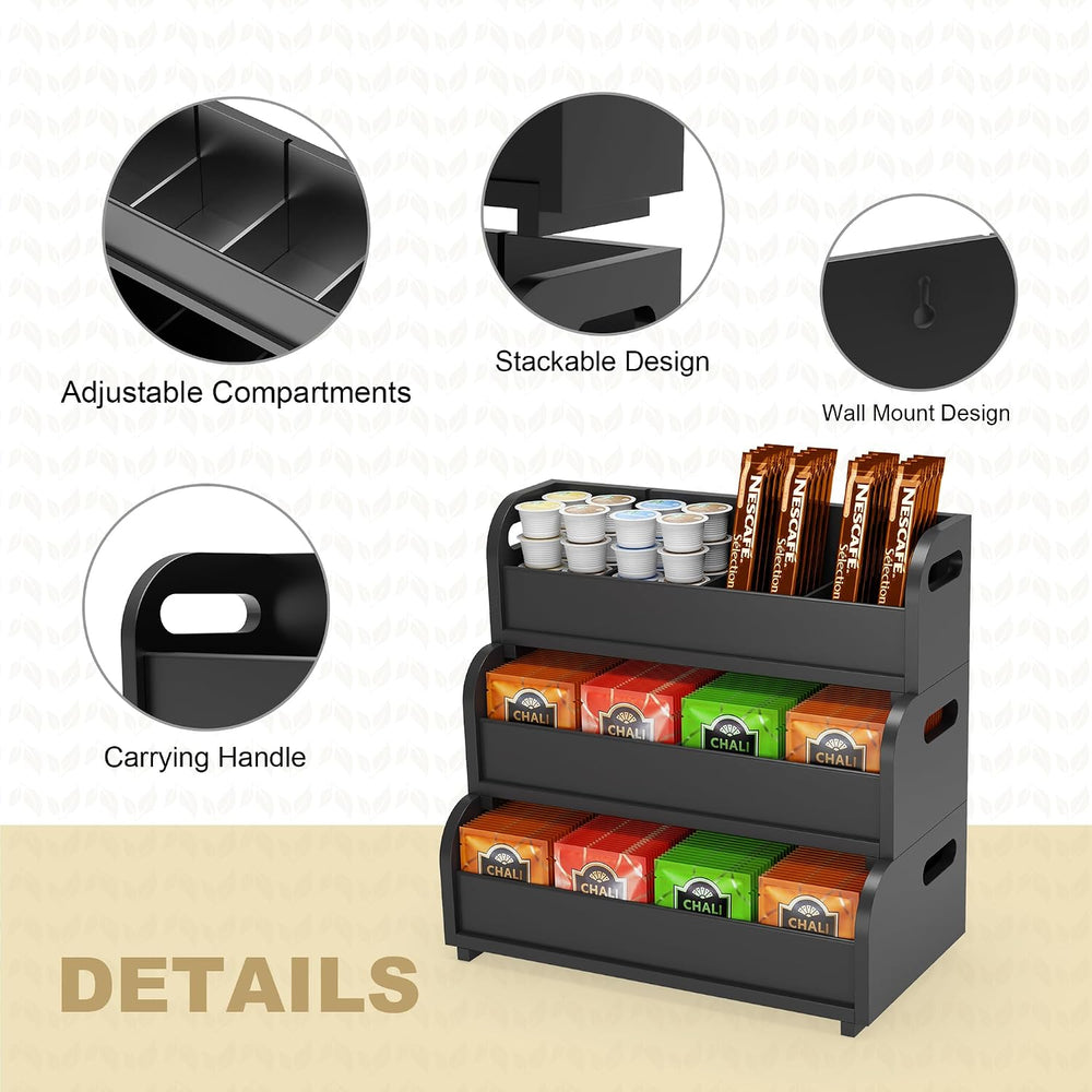 3-Tier Bamboo Tea Bag Organizer, Stackable Tea Holder for Countertop, Black