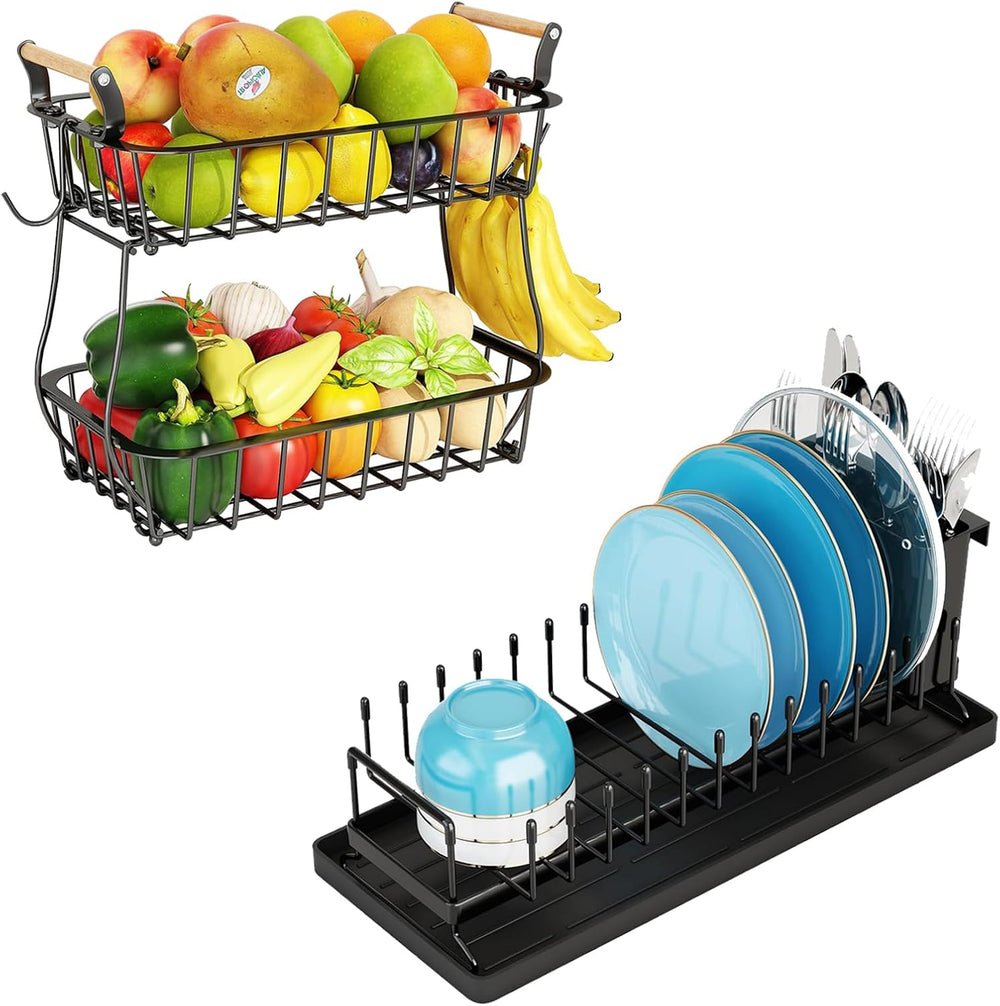 ANTOPY 2 Tier Fruit Basket with 2 Banana Hangers & Dish Drying Rack Small...
