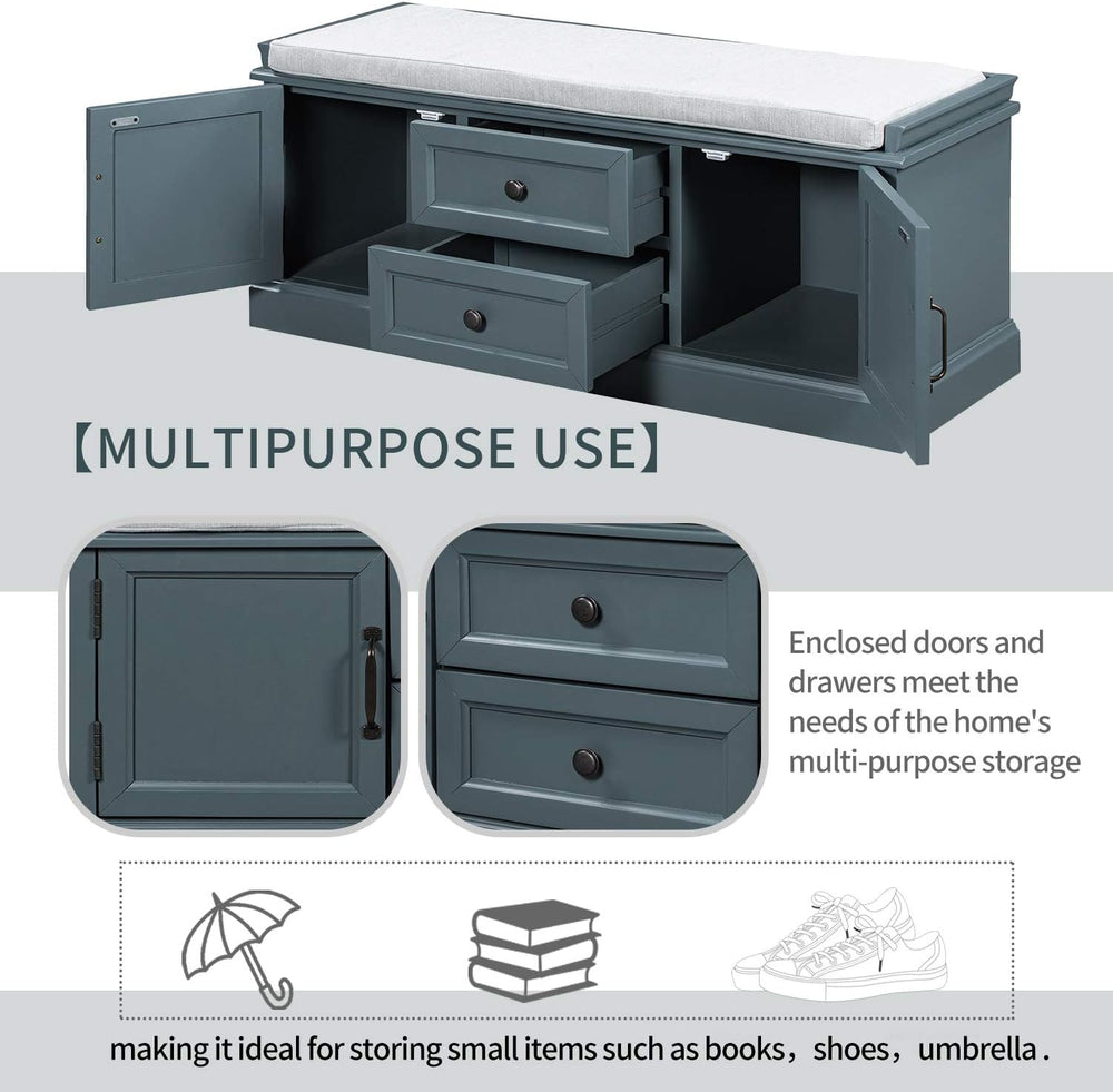 Storage Bench, Solid Wood Shoe Bench with 2 Drawers/2 cabinets/Removable Cush...