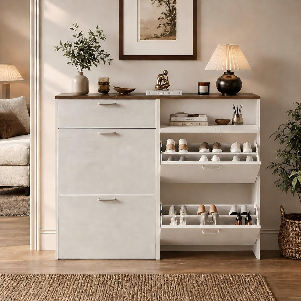 VINGLI Shoe Cabinet Storage for Entryway,Rustic White Narrow Shoe Rack,25"W