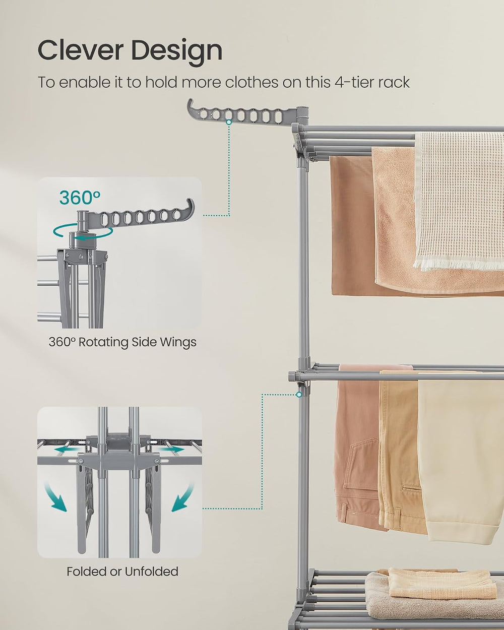 SONGMICS 4-Tier Clothes Drying Rack, Foldable, Rolling, 69.9-Inch Tall