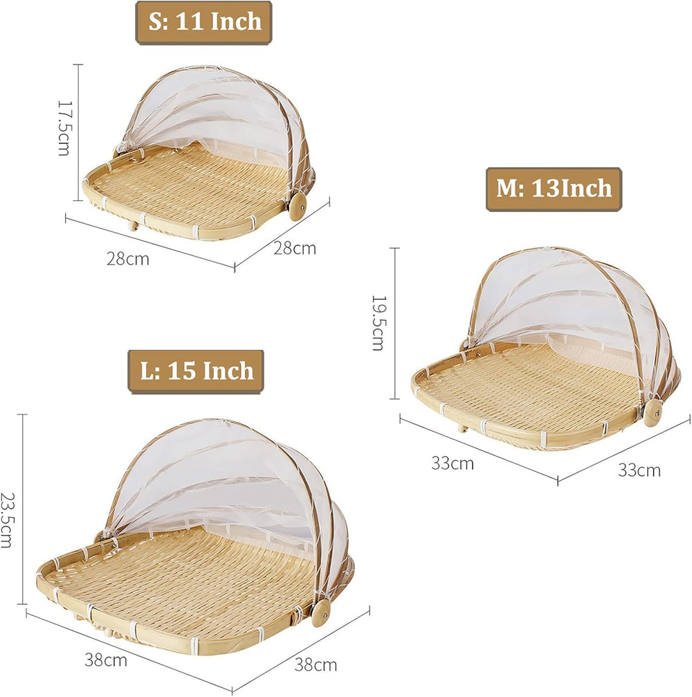 3Pcs Bamboo Food Serving Tent Basket with Cover, Square Hand-Woven Covered Br...