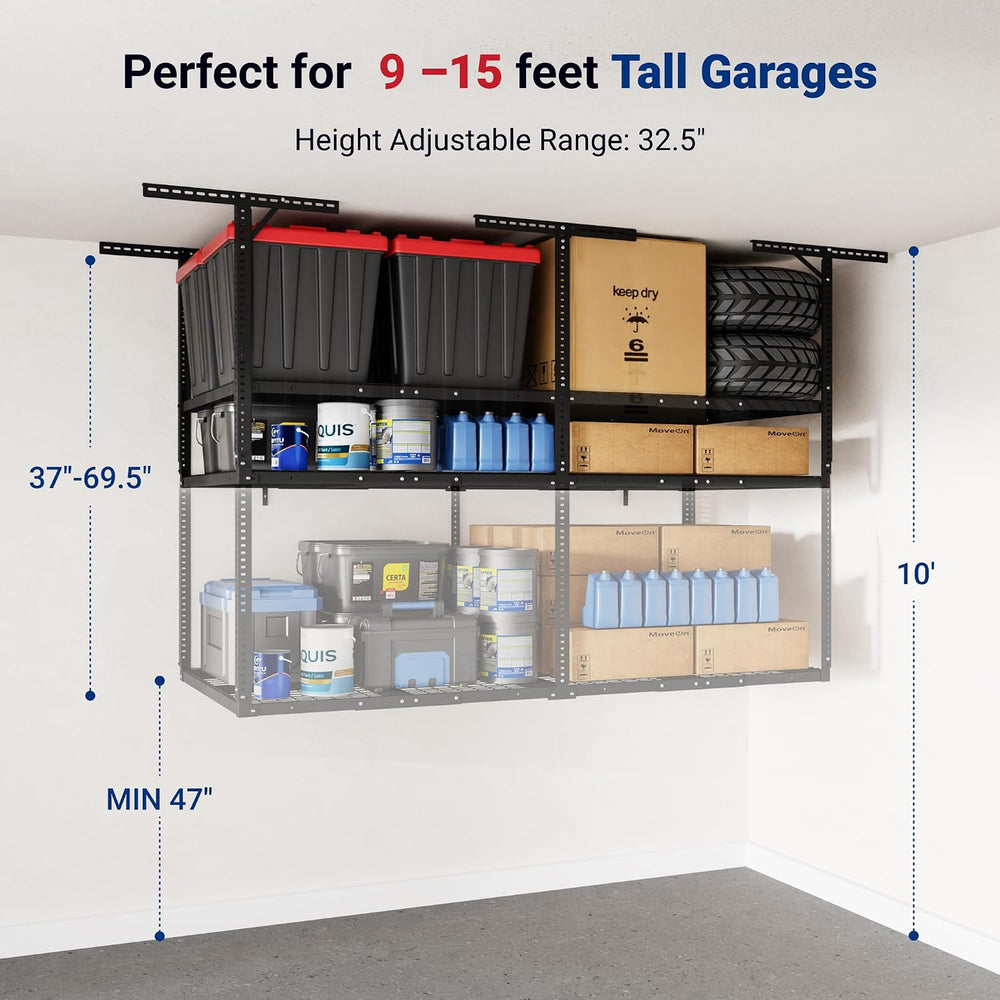 FLEXIMOUNTS 4x8 2-Tier Overhead Ceiling Garage Storage Rack, Black