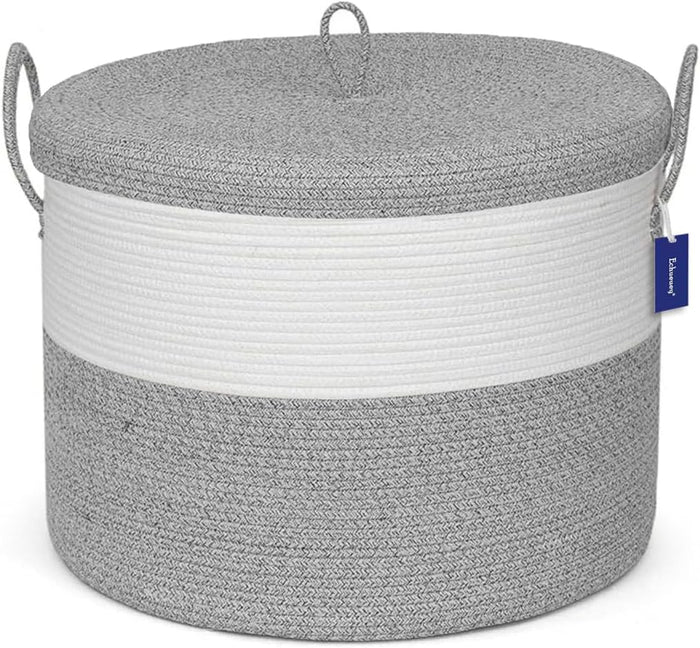 21" x 18" Extra Large storage baskets,Decorative blanket basket with lid for Living room,rope baskets with lid,wicker hamper for bedroom,Big,Round,White & Grey 115L