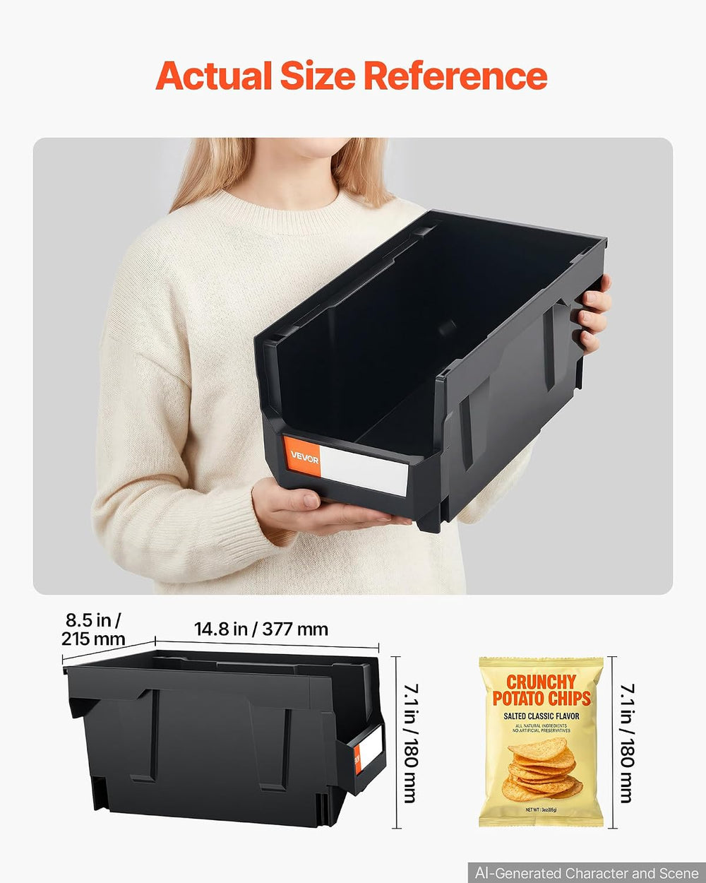 VEVOR Plastic Stackable Storage Bins, 14.8 x 8.5 x 7.1 inch (6 Pack), Plastic...