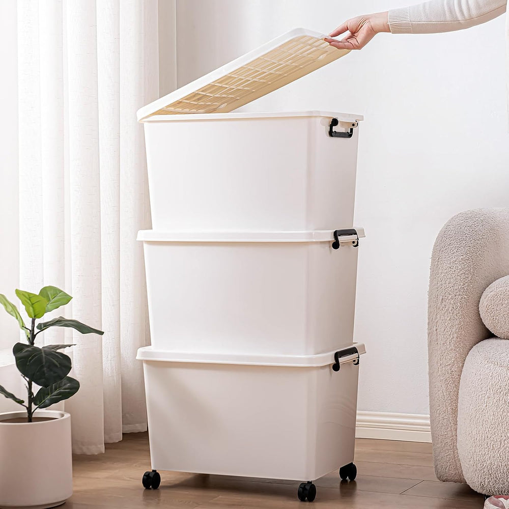 Large Stackable Plastic Storage Bins with Wheels, 3-Pack 60 Quart White Thick...