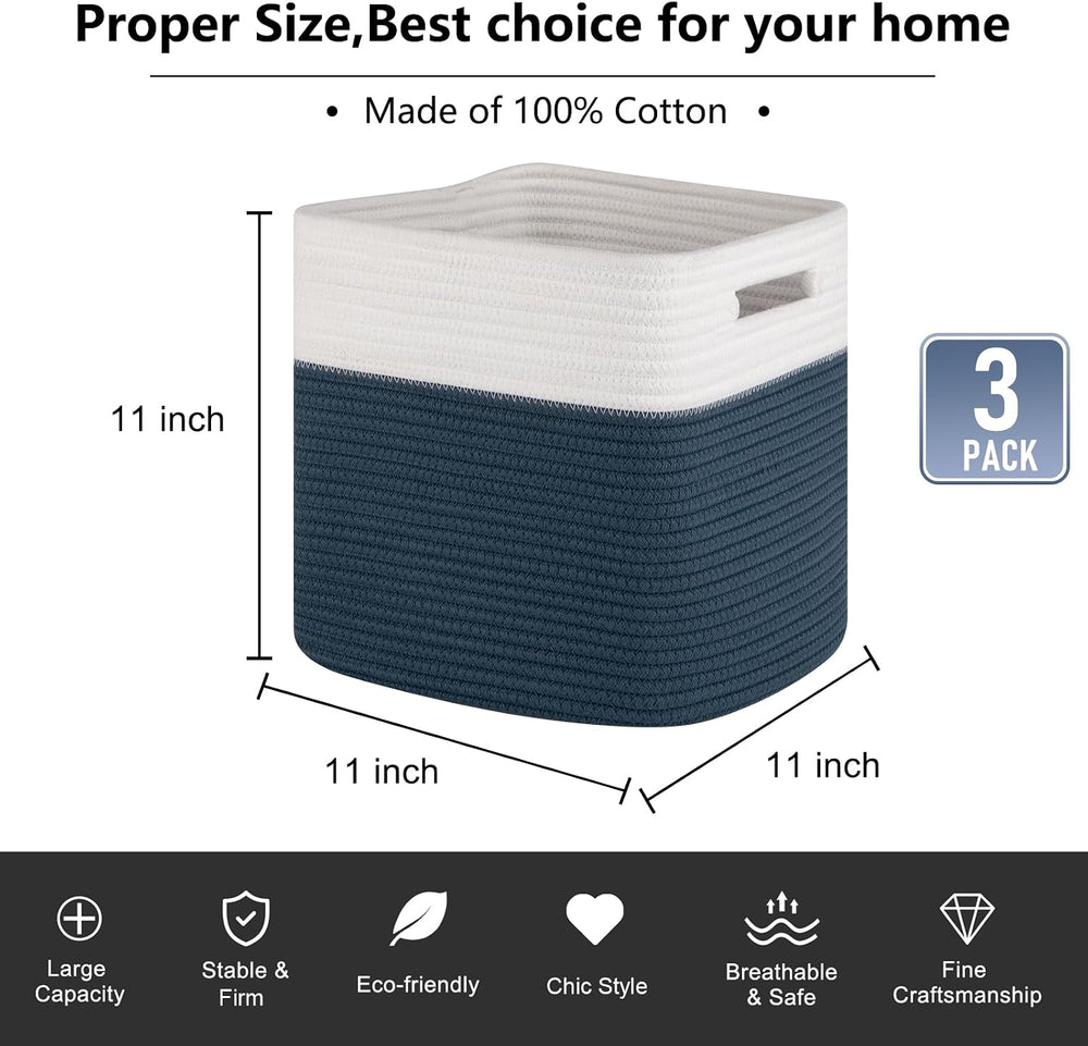 OIAHOMY Storage Cubes 11 Inch Storage Bins 3-Pack Square Baskets Blue