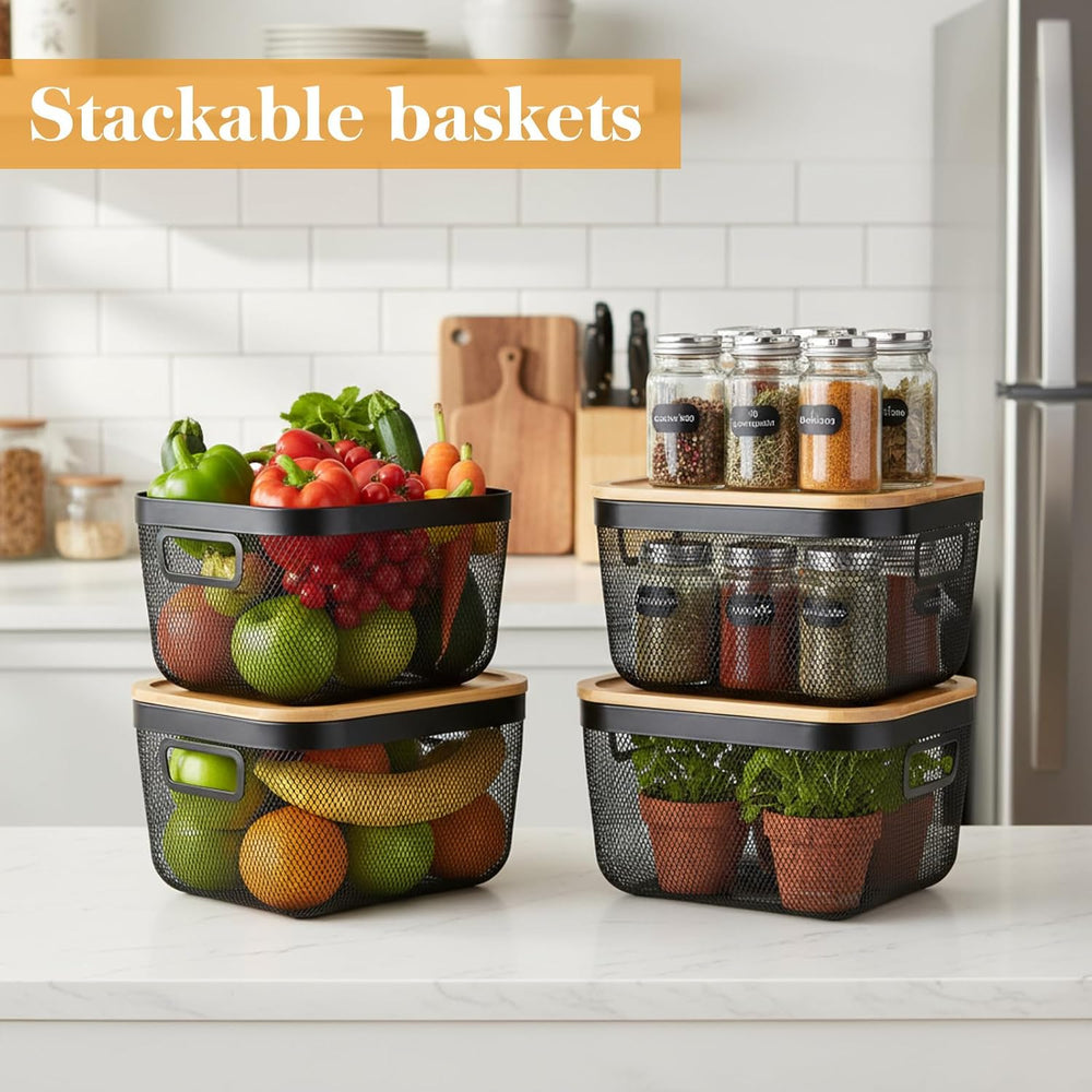 Maxdot 4 Pack Stackable Wire Baskets for Pantry Organizers Kitchen Storage Me...