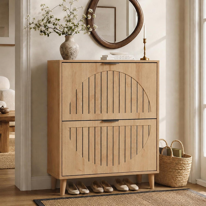 Shoe Storage Cabinet, Entryway Shoe Cabinet with 2 Flip Drawers, Narrow Shoe Organizer Cabinet with Fluted Panel Doors, Freestanding Hidden Shoe Storage Cabinet for Entryway, Foyer, Hallway, Natural