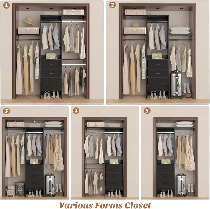 4FT Small Closet System with 3 Fabric Drawers, Flexible Built-In Clothes