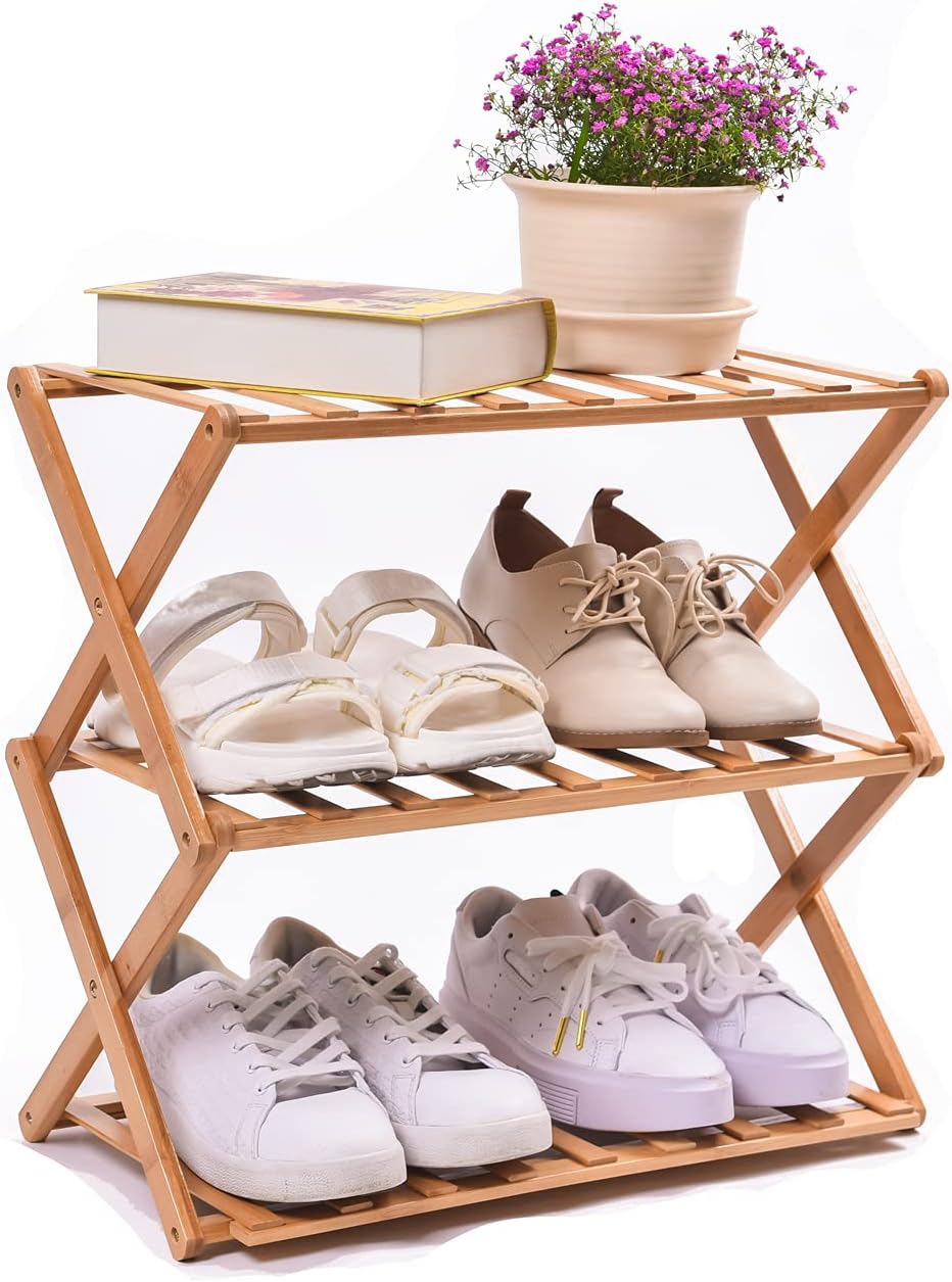 3-Tier Bamboo Shoe Rack for Entryway, Stackable | Foldable, Shoe Storage Orga...
