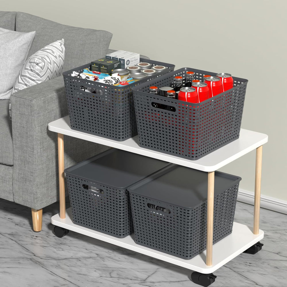 6-Pack Large Plastic Storage Basket Bins with Lid, Gray