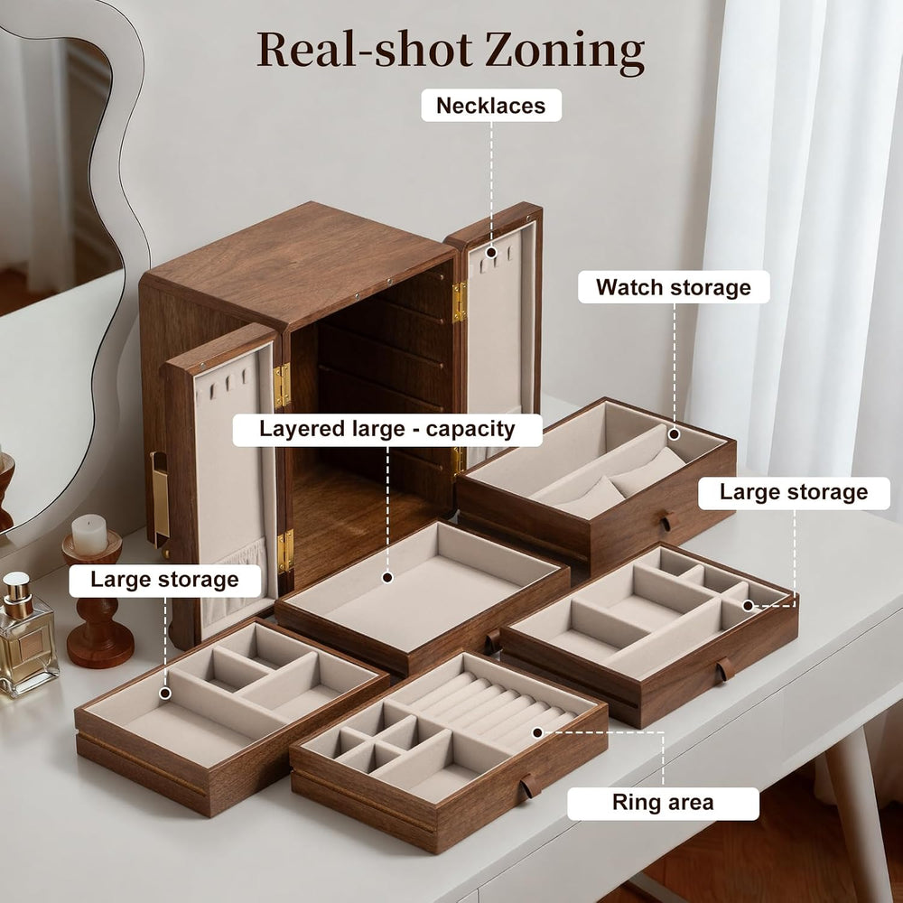 5-Layer Double-Door Walnut Wood Jewelry Box