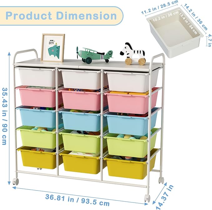 15 Drawers Rolling Cart With Wheels, Plastic Storage Drawer With Metal Frame