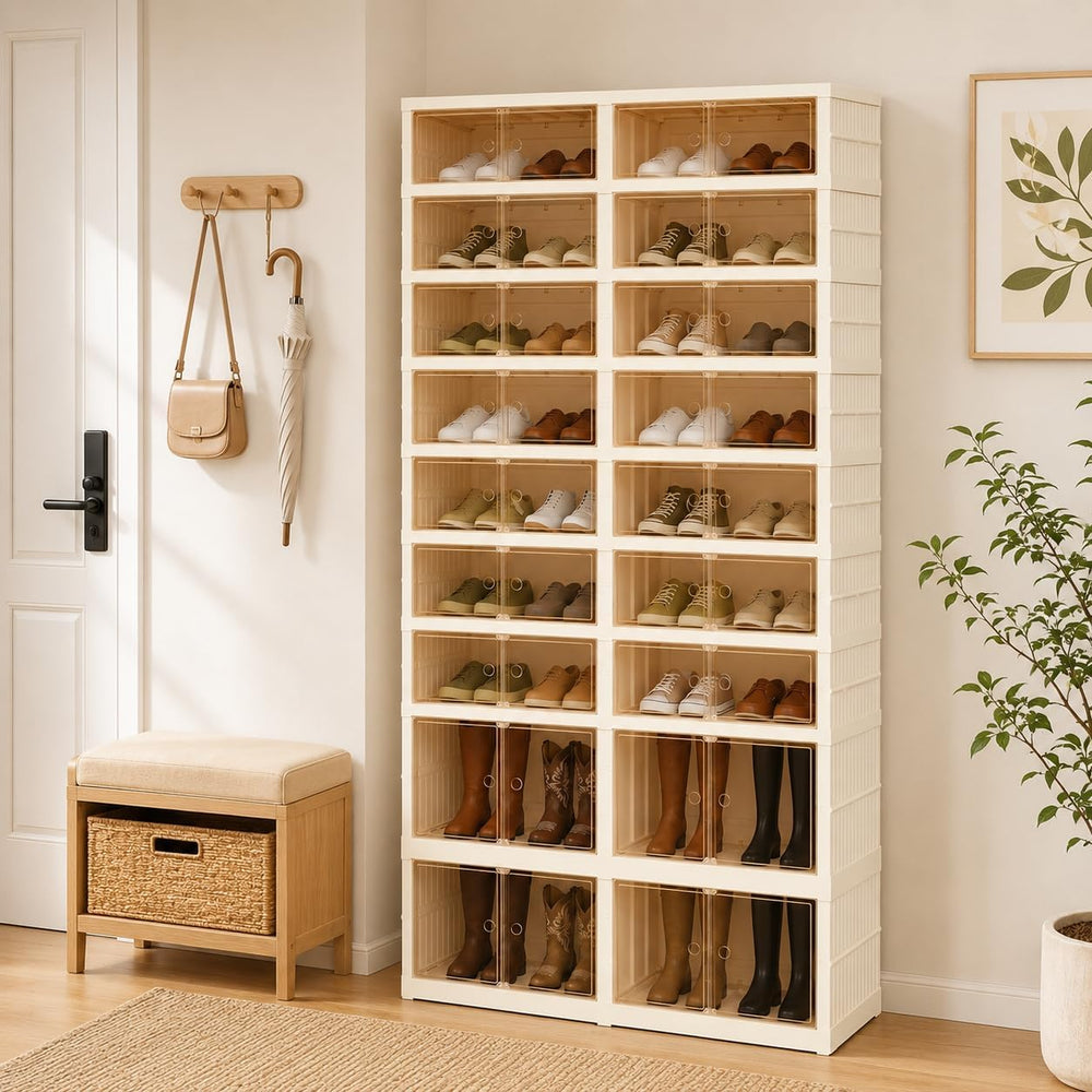 Collapsible Shoe Rack Organizer, Clear Doors Plastic Shoe Storage Cabinet