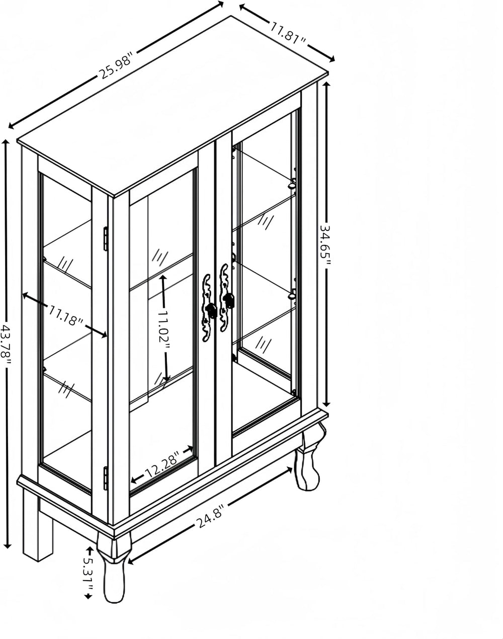43" H Lighted Wooden Curio Cabinet, Freestanding Glass Display Case with...