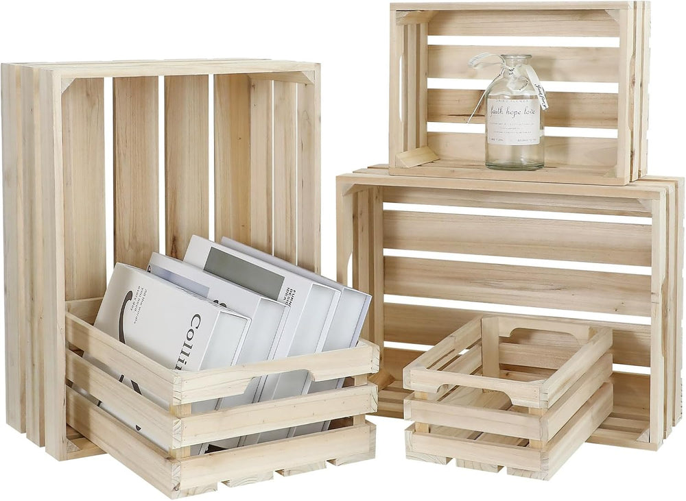 5-Piece Rustic Wooden Crates Unfinished Set, Wall Mountable Slatted Storage C...