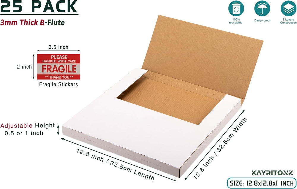 12.8x12.8x1 inch Shipping Boxes, Vinyl Record LP Mailer, 25-Pack