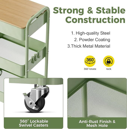 3 Tier Rolling Cart with Table top, Metal Rolling Utility Cart, Sturdy Storage - Image 2